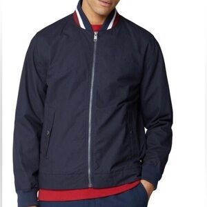 BEN SHERMAN navy blue nylon & cotton men’s bomber jacket stripes retro sz S EUC